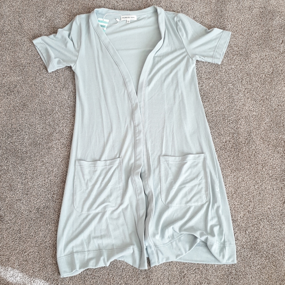 Teal short sleeve duster cardigan